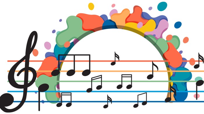 Billedet viser en farverig musiknoter og toner ark med bærskud.