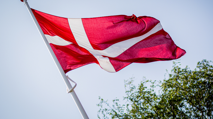 Dansk flag vimpler i bløende vind mod klar himmel.