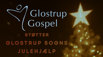 Billedet viser et juletræ med en stjerne i toppen, samt dansk tekst, der lyder: *"Glostrup Gospel Støtter Glostrup Sogns Julehjælp."*