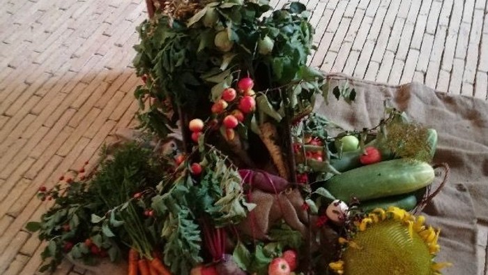 På kirkegulvet foran knæfaldet ligger der to gamle sække, hvorpå der er pyntet med alle mulige høstede frugter, korn og blomster.