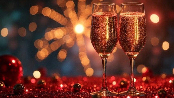 To glass med bullesdrik i forgrunden, festlige lys og pynt i baggrunden