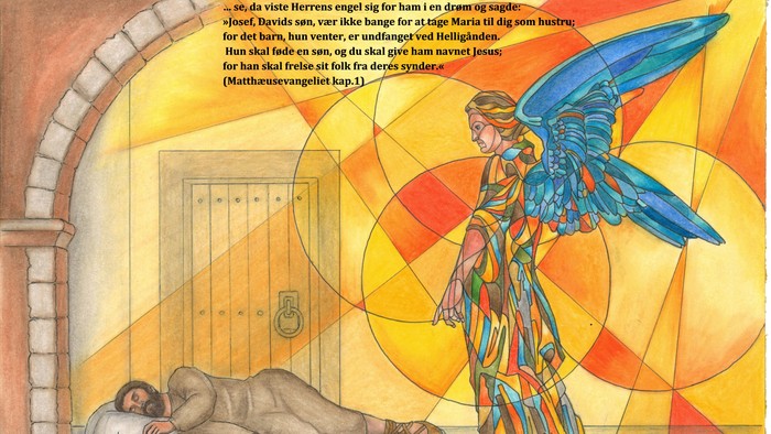 Engel står over sovende mand i farverigt rum