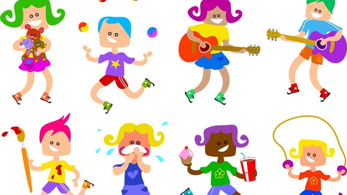 tegneringer af børn der leger, spiller, hygger sig