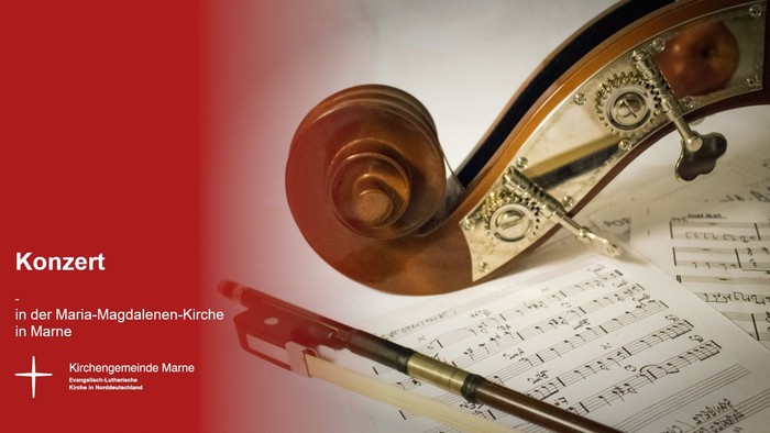 Werbeplakat für ein Konzert mit Cello und Notenblättern in der Maria-Magdalenen-Kirche in Marne.