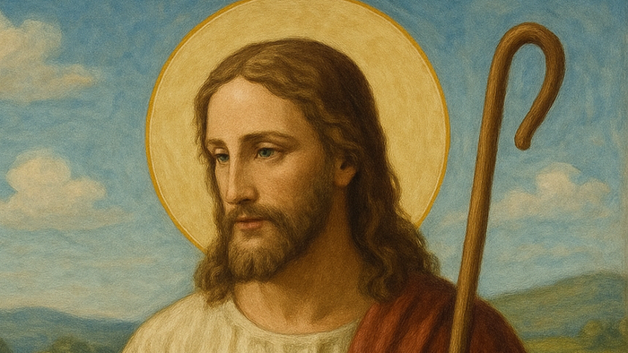 Jesus mit Schafherde und Hirtenstab in ländlicher Landschaft