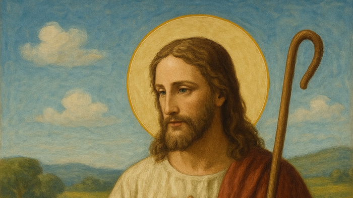 Jesus mit Schafherde und Hirtenstab in ländlicher Landschaft