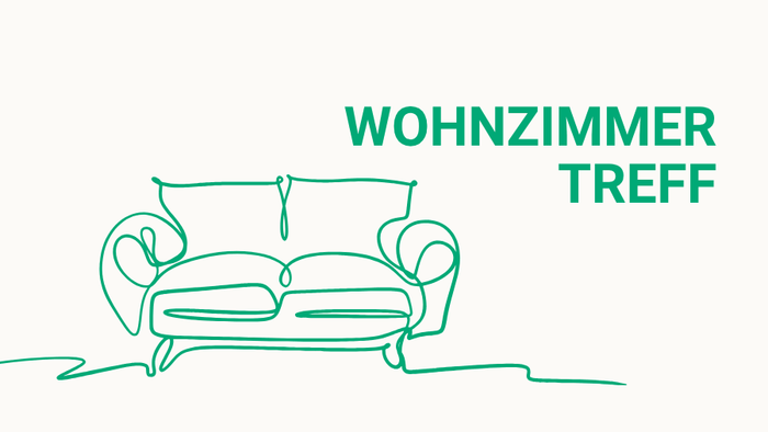 Strichzeichnung eines Wohnzimmersofas mit der Aufschrift „WOHNZIMMER TREFF“ darüber
