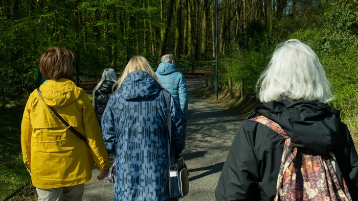 Ein Gruppe von Menschen geht in einem Wald spazieren