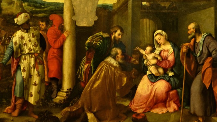 Ein religiöses Gemälde zeigt eine Gruppe von Menschen, darunter eine Frau mit einem Baby, die in einer ländlichen Umgebung versammelt sind.