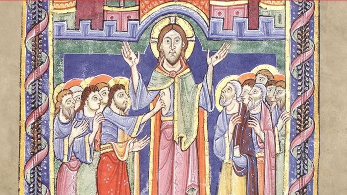 Das Bild zeigt eine religiöse Szene mit Jesus und einer Gruppe von Menschen.