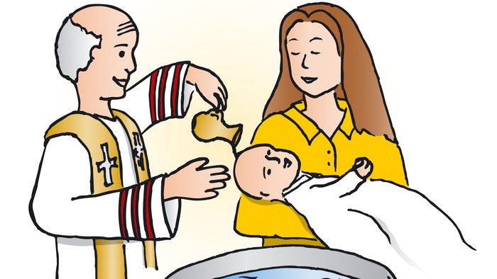 Ein Priester segnet ein Baby über einem Taufbecken, während eine Frau das Kind hält