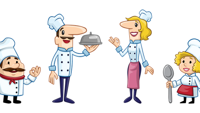 Zeichentrickköche in weißen Hüten und Schürzen, die verschiedene Küchenutensilien und Gerichte halten.