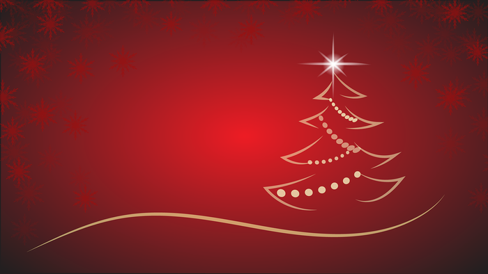 Ein goldener Weihnachtsbaum vor rotem Hintergrund mit Sternen