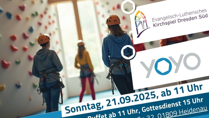 Kletternde Menschen und Kreuz im Hintergrund