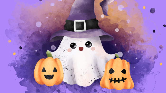 En spøgelsesagtig figur med kæpper og to halloween-tromler