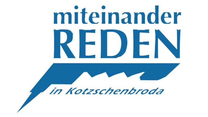 Das Logo zeigt den Namen "Miteinander Reden" mit einem Bergmotiv und dem Ort "Kotzschenbroda".