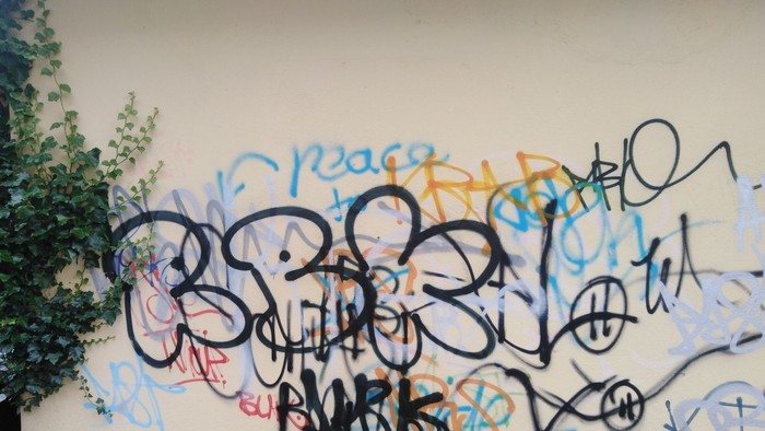 Graffiti an beigen Wand mit Bäumen und Ziegelmauer