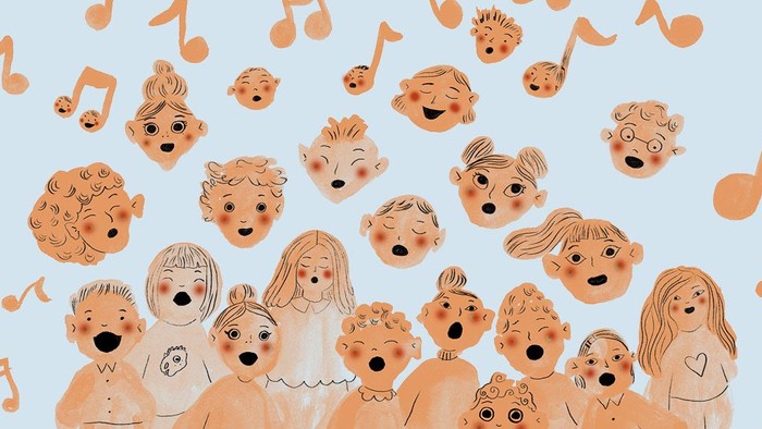 En gruppe af børn synger i kor, mens noter svømmer omkring dem