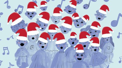 Bjørne med julemandshatte, der synger sammen.