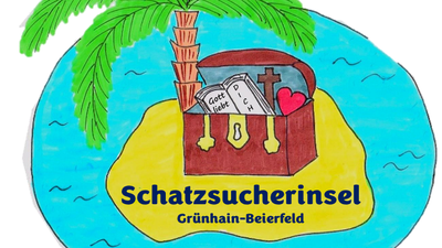 Ein Koffer mit Strandutensilien auf einer Insel mit Palmen und Wellen, beschriftet mit "Schatzsucherinsel Grün hain-Beierfeld"