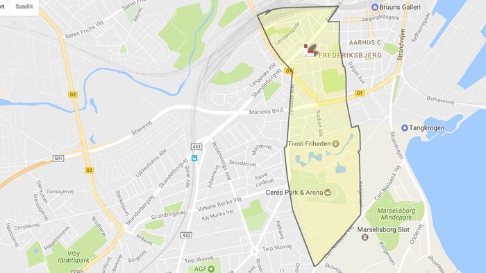 Billedet viser en kort over Saint Lukas Sogn i København med veje og nærliggende områder.