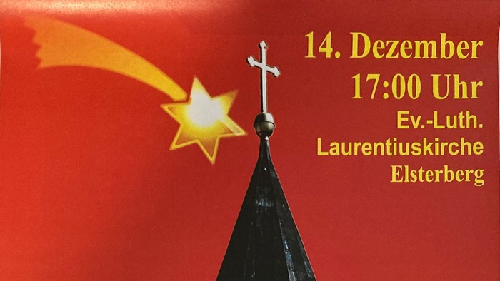 Plakat für Adventskonzert im Kerzenschein mit Kirchturm und Stern