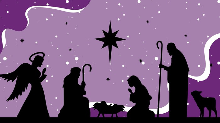 Silhouetten der Weihnachtsgeschichte vor lila Himmel mit Sternen