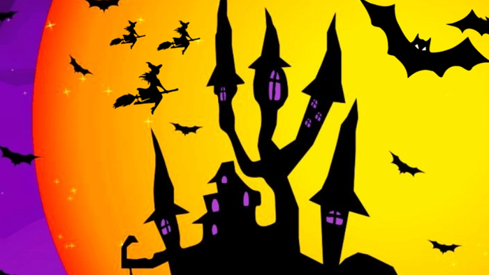 En spøgelsesagtig slot med flokke af fluer og hekse i en farverig Halloween-klip.