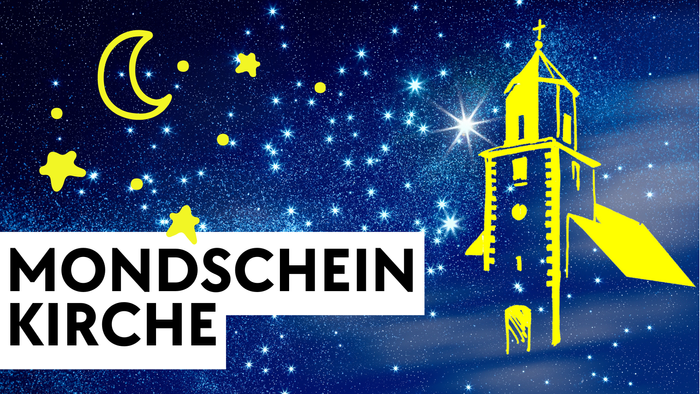Bild zeigt Mondschein und Kirchturm mit Sternenhimmel