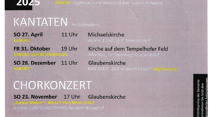 Das Bild zeigt ein Konzertprogramm von Bach für das Jahr 2023 mit verschiedenen Terminen und Orten.