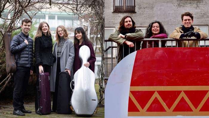 En gruppe musikere poser med en cello foran en bygning med en farverig mural som baggrund.