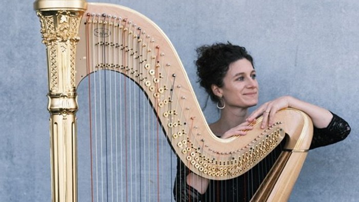 Eine Person spielt eine verzierte Hebelharfe mit entspannter, lächelnder Miene.