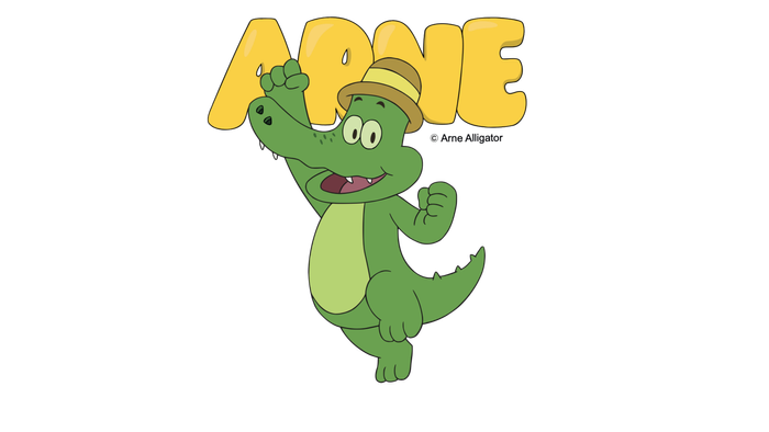 En tegnet krokodille med en hat og navnet Arne skrive over.