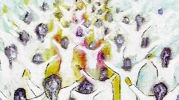 Et abstrakt maleri med blomster og grønne farver.