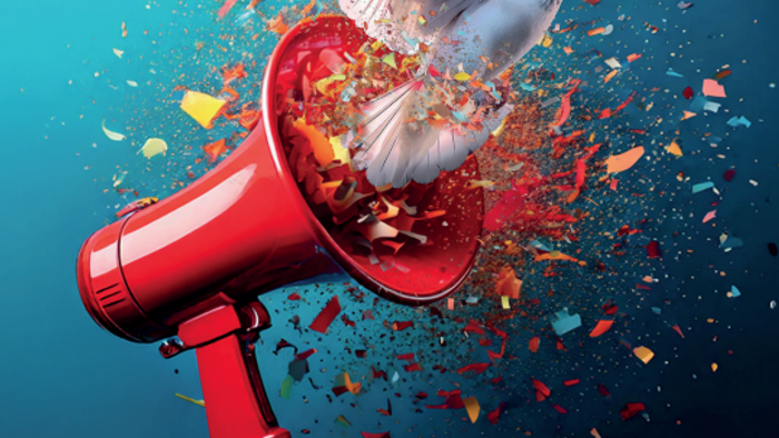 Eine Taube entsteigt einem zerbrechenden roten Megafon und symbolisiert Frieden und Freiheit.