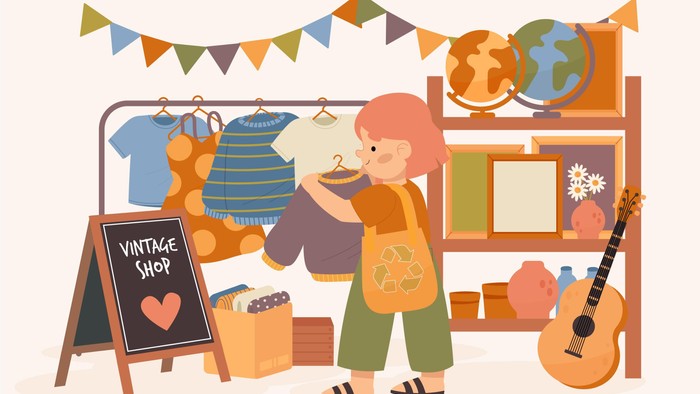 Ein Mädchen steht in einem Vintage-Laden und betrachtet Kleidung an einem Ständer