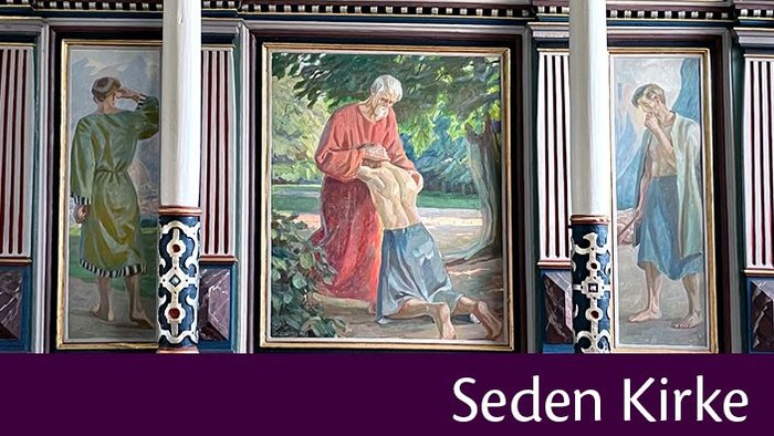 Billedet viser tre malerier af Seden Kirke.