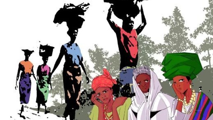 Bunte Illustration verschiedener Menschen, die Lasten tragen und durch eine ländliche, baumbestandene Gegend gehen.