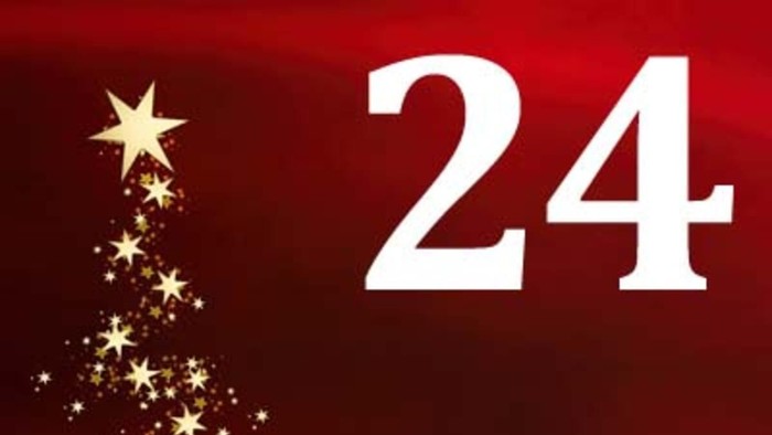 Das Bild zeigt eine Weihnachtsdekoration mit der Zahl 24 und goldenen Sternen.