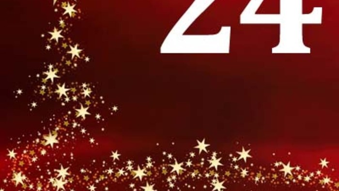 Das Bild zeigt eine Weihnachtsdekoration mit der Zahl 24 und goldenen Sternen.