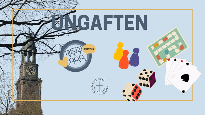 Reklamegrafik til Ungaften med spil, sociale sammenkomster og et klokketårn med event-branding.
