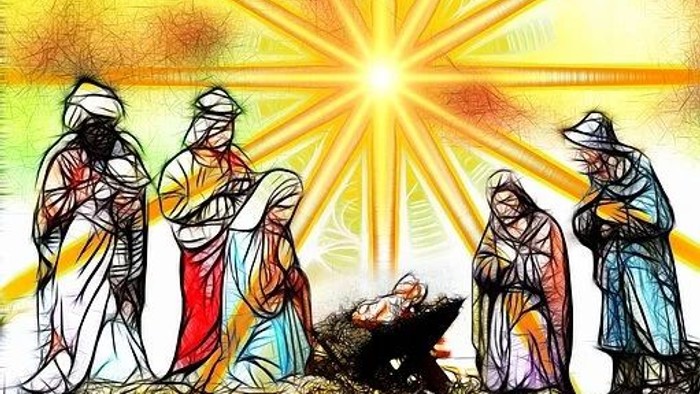 Die Darstellung zeigt die Weihnachtsgeschichte mit Maria, Josef und dem Neugeborenen Jesus im Stall.