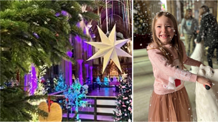 Christmas tree decorations and a woman in festive attire.