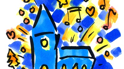 Buntes, kindliches Zeichnung einer Kirche mit Musiknoten und Sternen