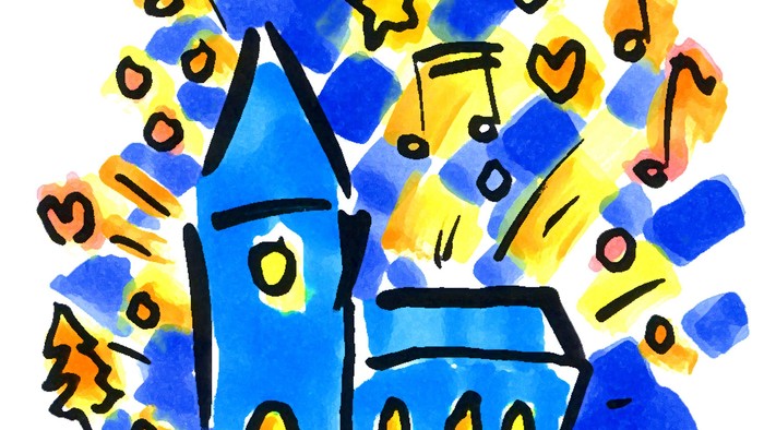 Buntes, kindliches Zeichnung einer Kirche mit Musiknoten und Sternen