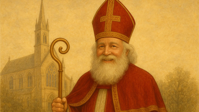 En skægget mand iført rød biskopskutte holder en bispestav og står foran en kirke.