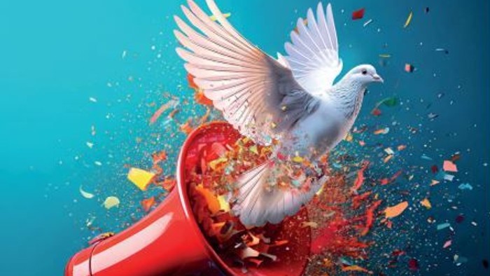 Plakat zur Werbung für die Friedenswoche mit einer Taube, die aus einem Megafon aufsteigt.