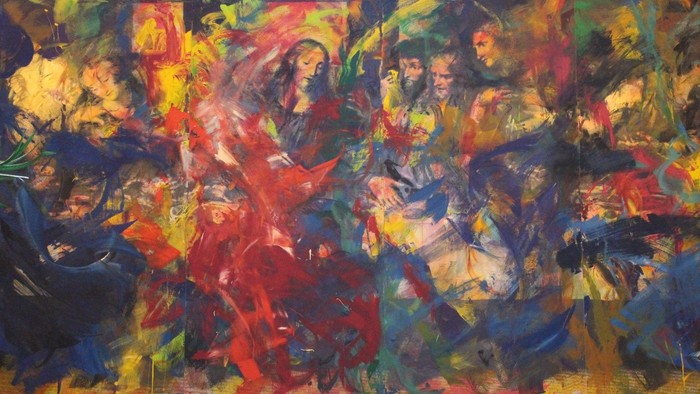 Lebendiges abstraktes Gemälde mit kräftigen, wirbelnden Farben und dynamischen Pinselstrichen.