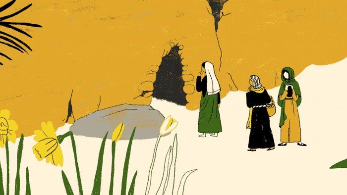 En illustration af tre kvinder i lange kjoler og hijaber, stående i en naturmiljø med gule blomster og palmeblade.