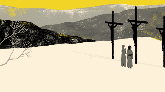 Tre kors står opreist i sneen med tre skikkelser ved dem, og bjerge i baggrunden